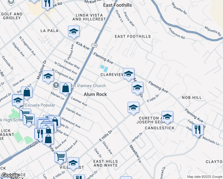 map of restaurants, bars, coffee shops, grocery stores, and more near North Claremont Avenue in San Jose