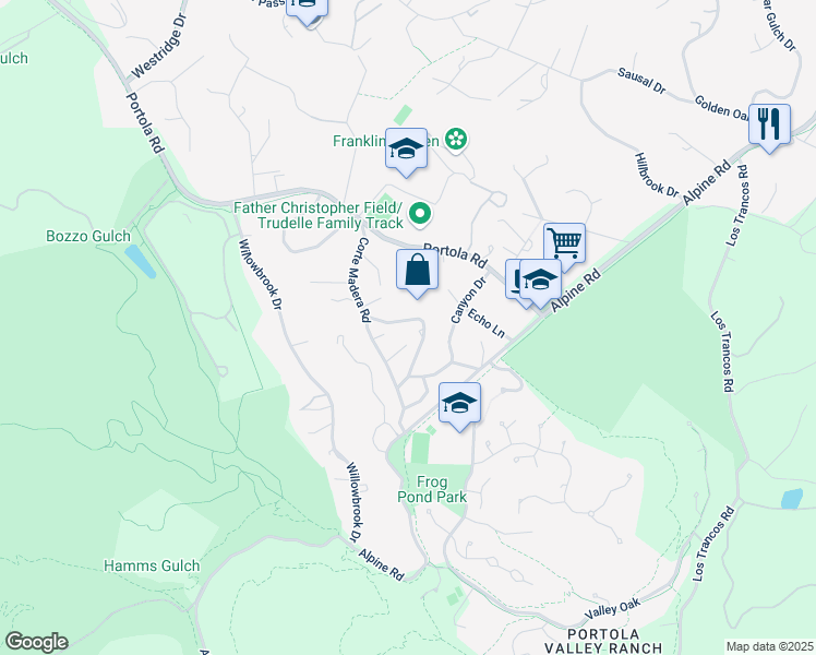 map of restaurants, bars, coffee shops, grocery stores, and more near 115 Cima Way in Portola Valley