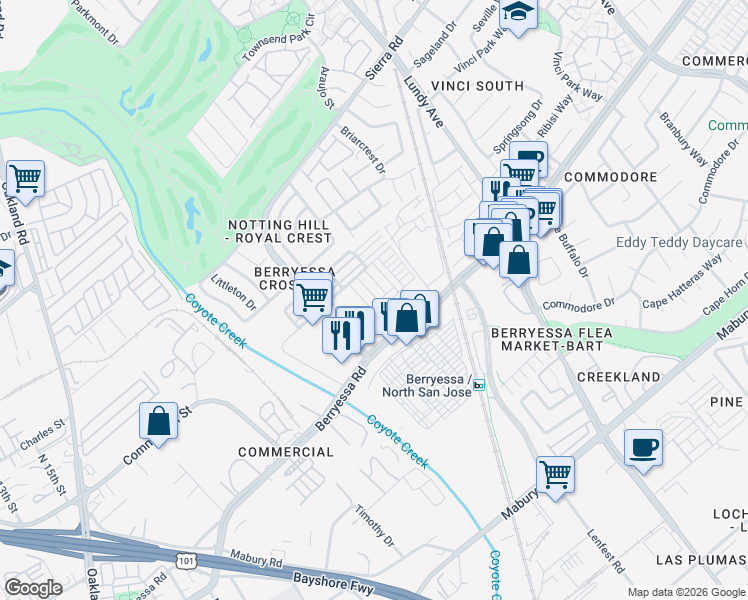 map of restaurants, bars, coffee shops, grocery stores, and more near 1011 Bellante Lane in San Jose