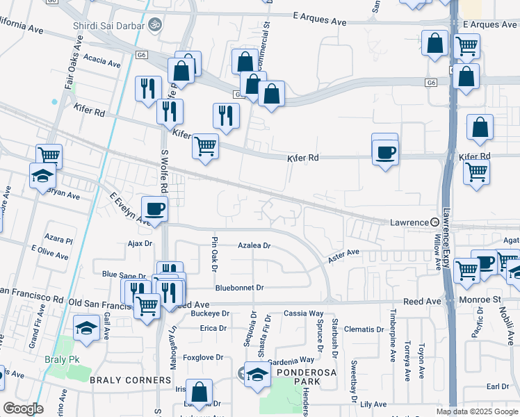map of restaurants, bars, coffee shops, grocery stores, and more near 224 Red Oak Drive in Sunnyvale