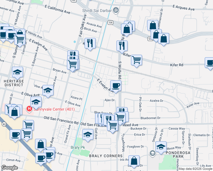 map of restaurants, bars, coffee shops, grocery stores, and more near in Sunnyvale