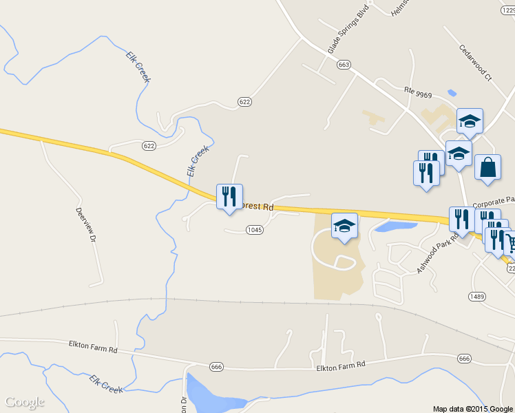 map of restaurants, bars, coffee shops, grocery stores, and more near Forest Road in Forest