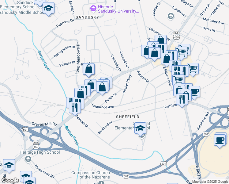 map of restaurants, bars, coffee shops, grocery stores, and more near 5909 Dublin Street in Lynchburg
