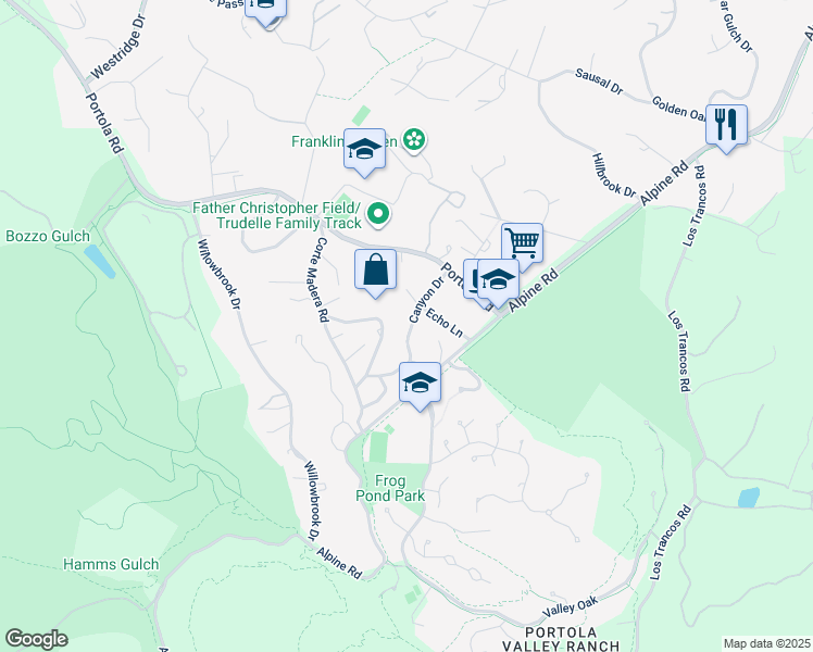 map of restaurants, bars, coffee shops, grocery stores, and more near 220 Canyon Drive in Portola Valley