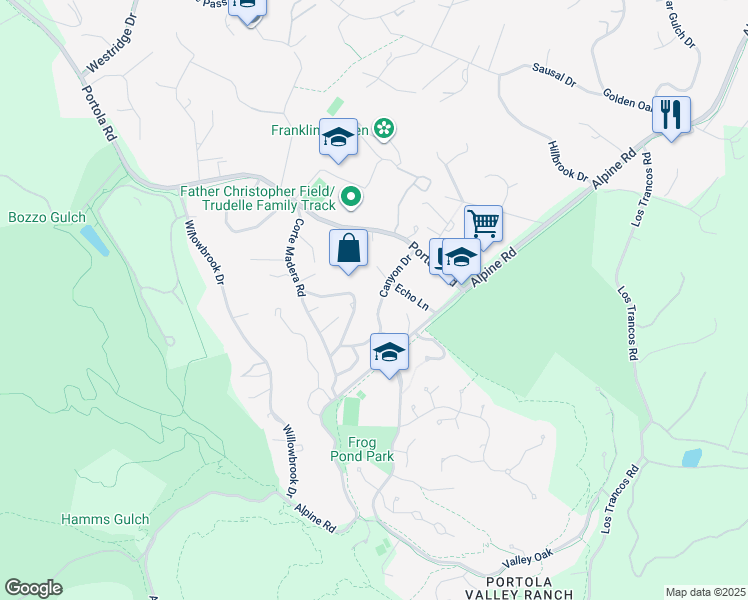 map of restaurants, bars, coffee shops, grocery stores, and more near 220 Canyon Drive in Portola Valley