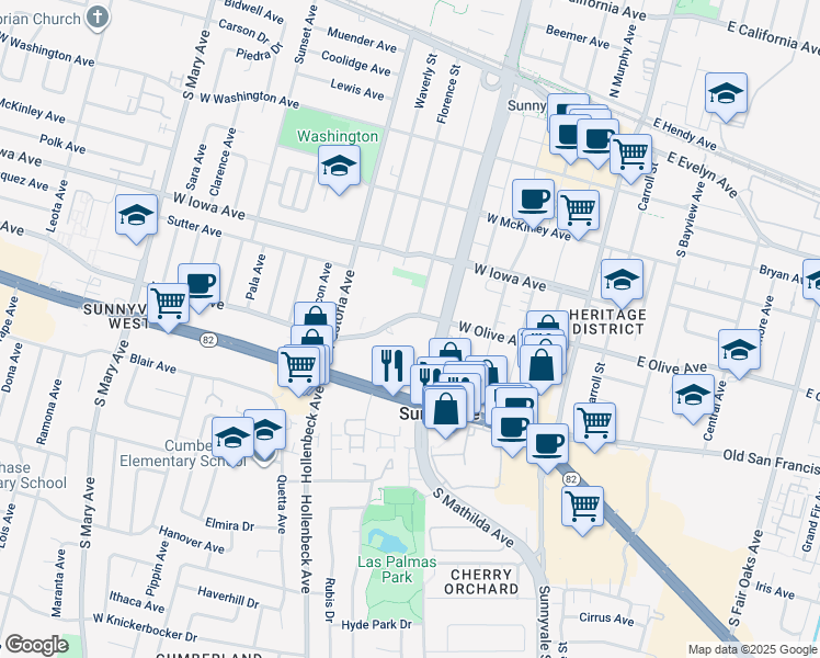 map of restaurants, bars, coffee shops, grocery stores, and more near 456 West Olive Avenue in Sunnyvale