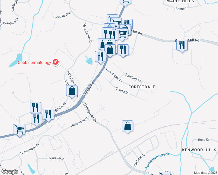 map of restaurants, bars, coffee shops, grocery stores, and more near 111 Graves Drive in Forest