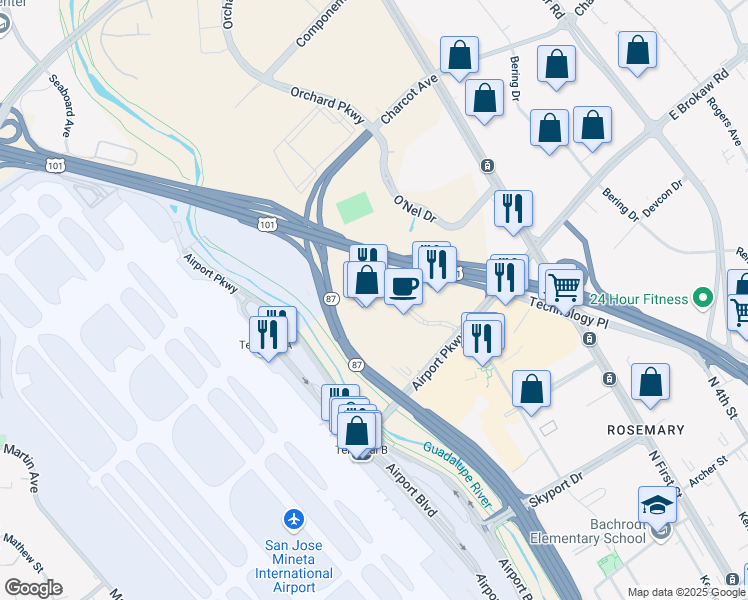 map of restaurants, bars, coffee shops, grocery stores, and more near 2055 Gateway Place in San Jose