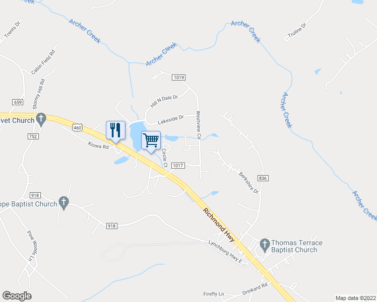map of restaurants, bars, coffee shops, grocery stores, and more near 54 Lake Place in Lynchburg