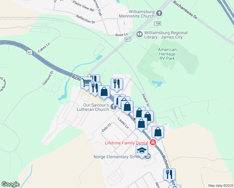map of restaurants, bars, coffee shops, grocery stores, and more near 7500 Richmond Road in Williamsburg