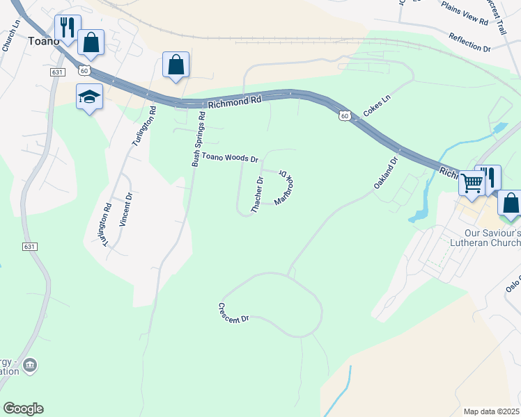 map of restaurants, bars, coffee shops, grocery stores, and more near 7660 Thacher Drive in Toano