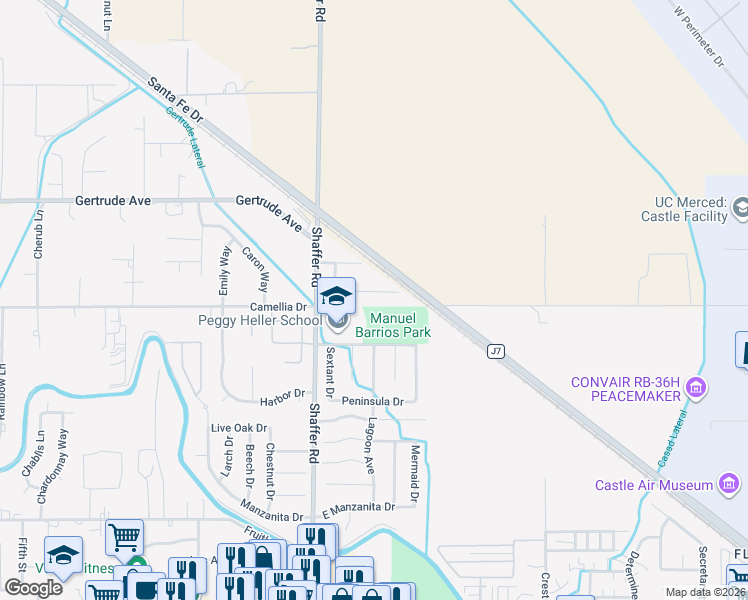 map of restaurants, bars, coffee shops, grocery stores, and more near 190 Kelly Court in Atwater