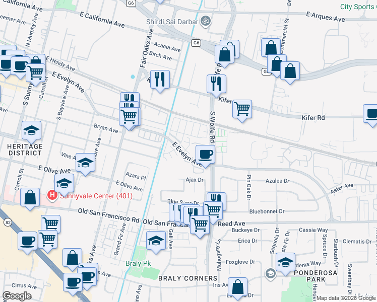 map of restaurants, bars, coffee shops, grocery stores, and more near 176 Jeffrey Terrace in Sunnyvale