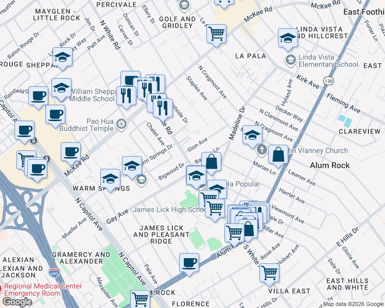 map of restaurants, bars, coffee shops, grocery stores, and more near 3120 Barletta Lane in San Jose
