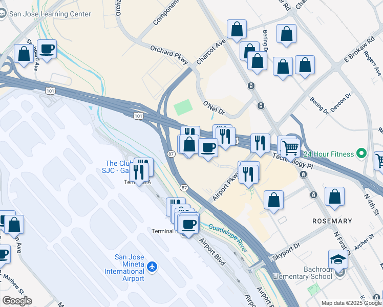 map of restaurants, bars, coffee shops, grocery stores, and more near 2033 Gateway Place in San Jose