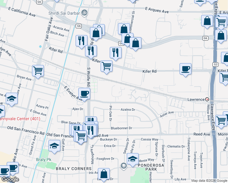 map of restaurants, bars, coffee shops, grocery stores, and more near 235 Red Oak Drive West in Sunnyvale