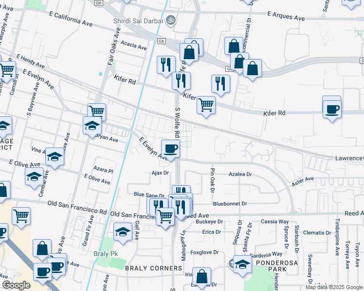 map of restaurants, bars, coffee shops, grocery stores, and more near in Sunnyvale