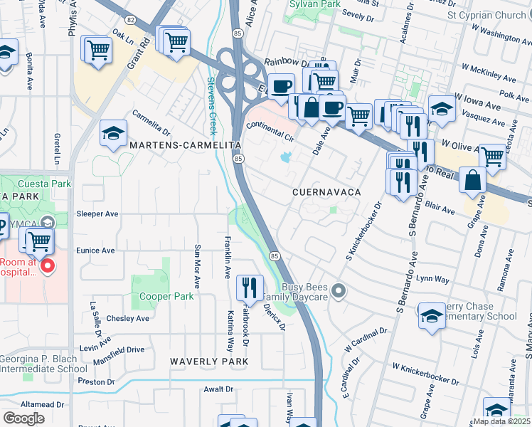 map of restaurants, bars, coffee shops, grocery stores, and more near 1398 Dale Avenue in Mountain View