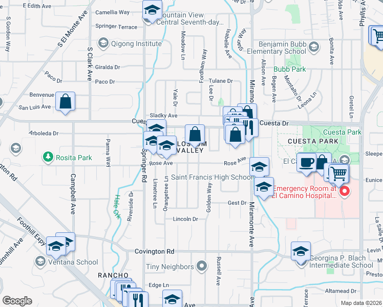 map of restaurants, bars, coffee shops, grocery stores, and more near 1774 Walnut Drive in Mountain View