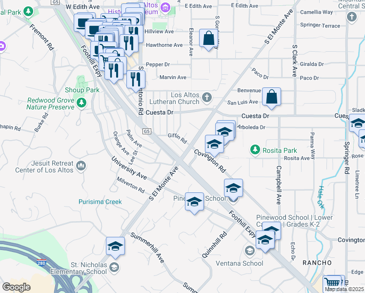 map of restaurants, bars, coffee shops, grocery stores, and more near 141 Fremont Avenue in Los Altos