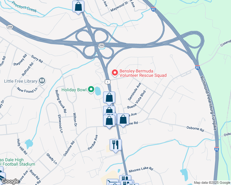 map of restaurants, bars, coffee shops, grocery stores, and more near 11501 Jefferson Davis Highway in Chester