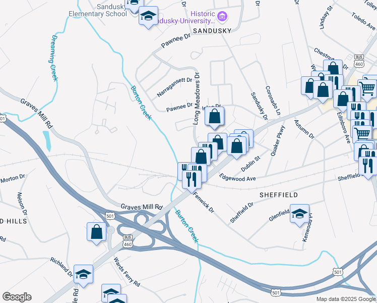map of restaurants, bars, coffee shops, grocery stores, and more near 1215 Long Meadows Dr in Lynchburg