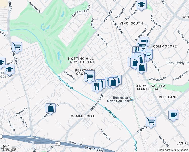 map of restaurants, bars, coffee shops, grocery stores, and more near 1463 Mercado Way in San Jose