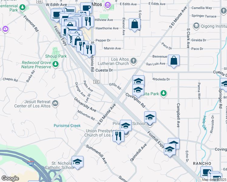 map of restaurants, bars, coffee shops, grocery stores, and more near 153 Fremont Avenue in Los Altos