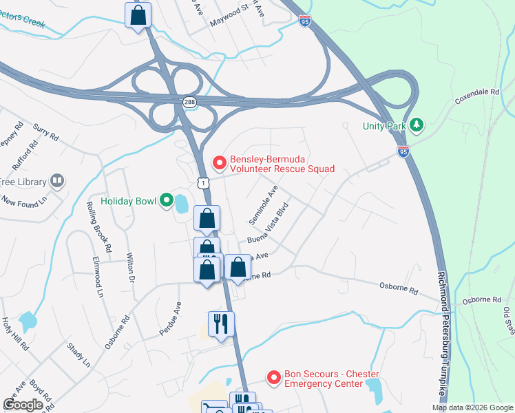map of restaurants, bars, coffee shops, grocery stores, and more near 2343 Seminole Avenue in Chester