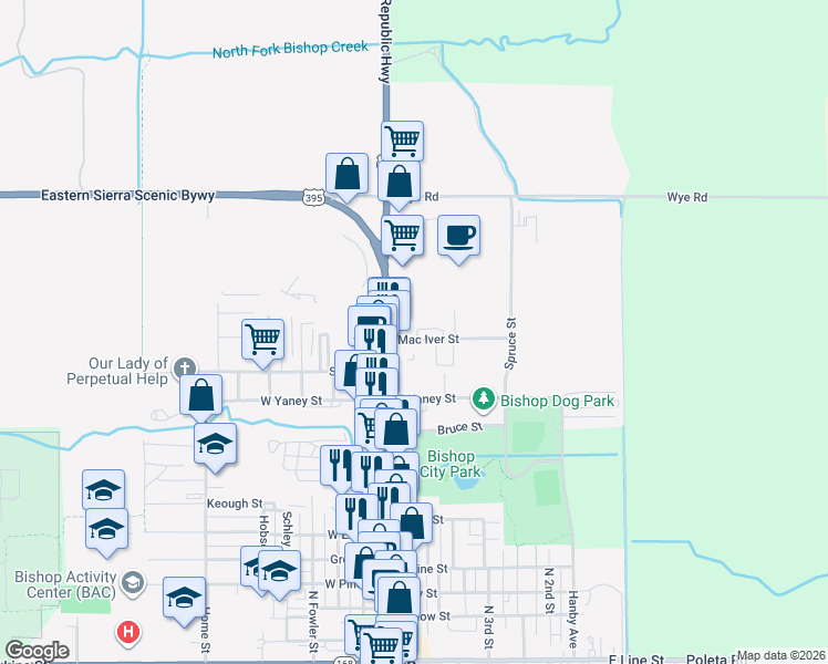 map of restaurants, bars, coffee shops, grocery stores, and more near 970 N Main St in Bishop