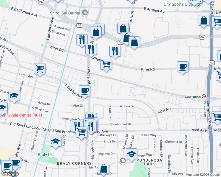map of restaurants, bars, coffee shops, grocery stores, and more near 215 Red Oak Drive in Sunnyvale