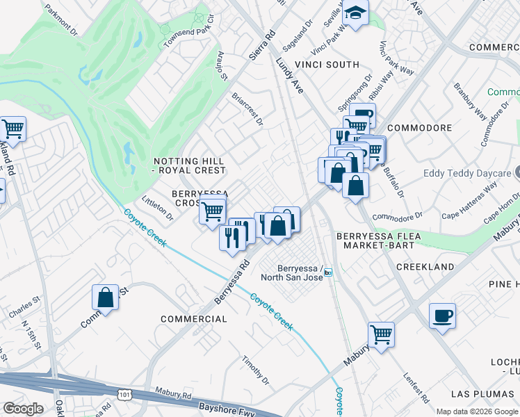 map of restaurants, bars, coffee shops, grocery stores, and more near 1015 Abruzzo Lane in San Jose