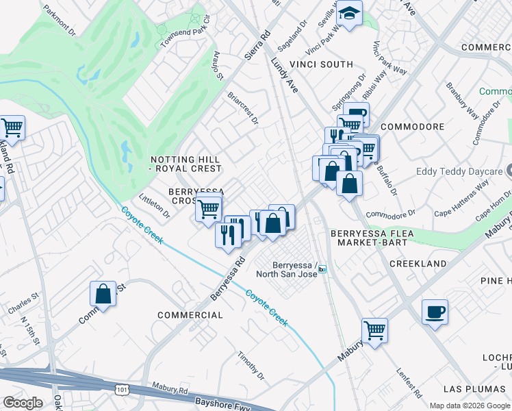 map of restaurants, bars, coffee shops, grocery stores, and more near 1015 Abruzzo Lane in San Jose