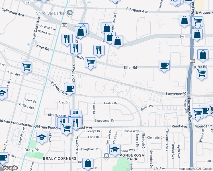 map of restaurants, bars, coffee shops, grocery stores, and more near 224 Red Oak Drive in Sunnyvale