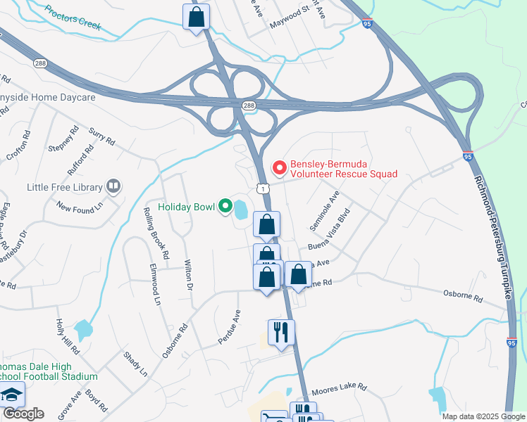 map of restaurants, bars, coffee shops, grocery stores, and more near 11402 Jefferson Davis Highway in Richmond