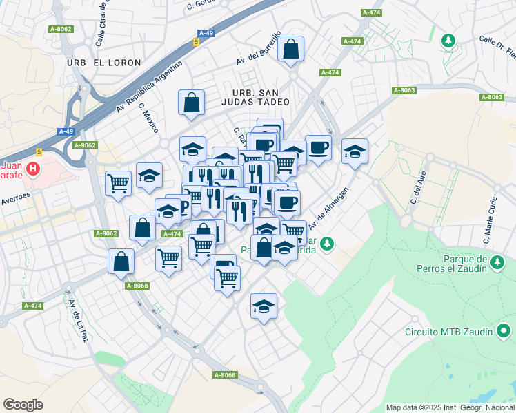 map of restaurants, bars, coffee shops, grocery stores, and more near N° 34 Calle Vicente Aleixandre in Bormujos