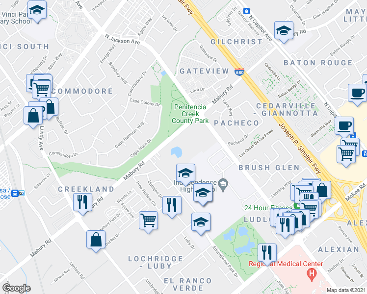 map of restaurants, bars, coffee shops, grocery stores, and more near 12710 Mabury Rd in San Jose