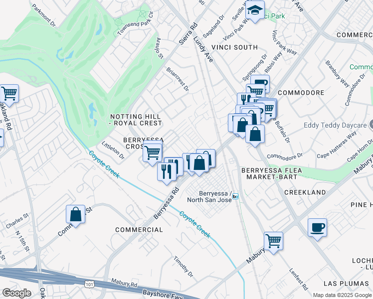 map of restaurants, bars, coffee shops, grocery stores, and more near 1011 Bellante Lane in San Jose