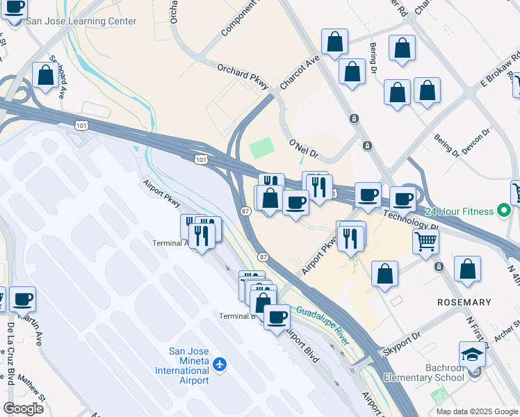 map of restaurants, bars, coffee shops, grocery stores, and more near 2033 Gateway Place in San Jose