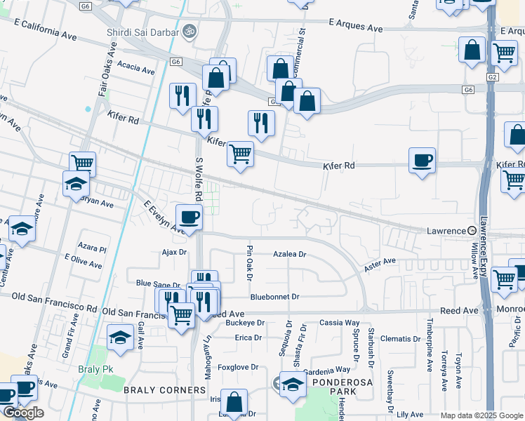 map of restaurants, bars, coffee shops, grocery stores, and more near 235 Red Oak Drive West in Sunnyvale