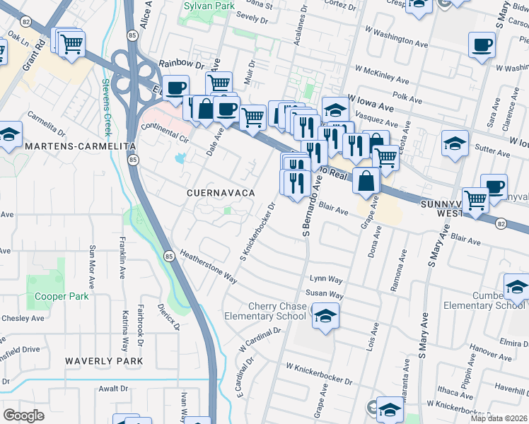 map of restaurants, bars, coffee shops, grocery stores, and more near 1280 Brookfield Avenue in Sunnyvale