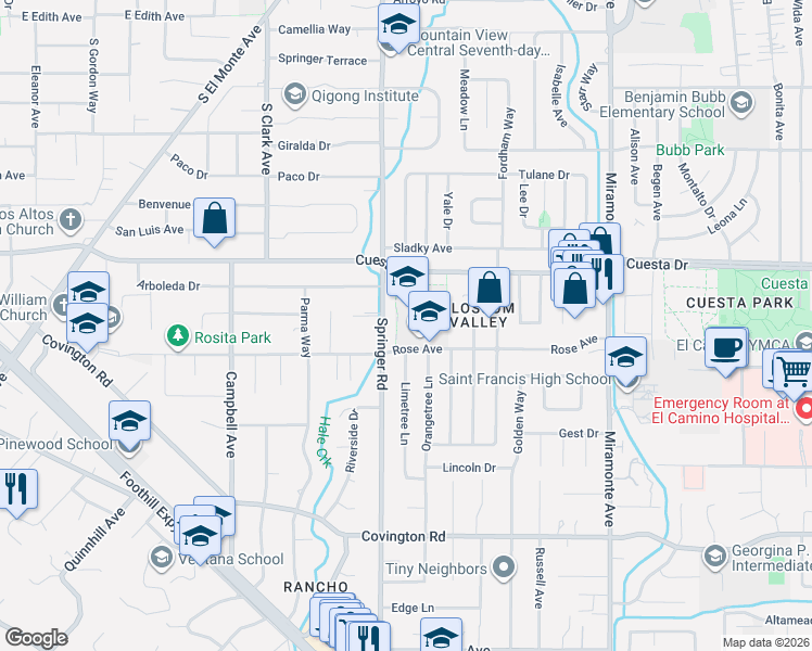 map of restaurants, bars, coffee shops, grocery stores, and more near 1168 Rose Avenue in Mountain View