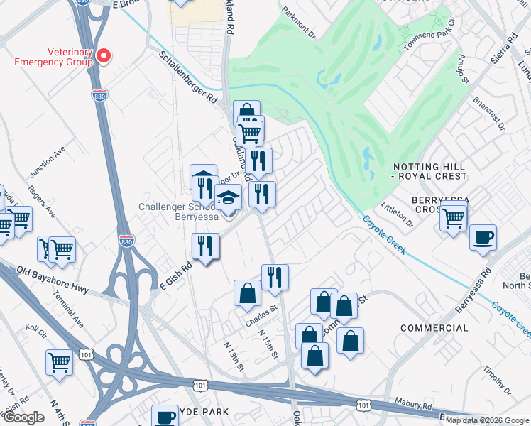 map of restaurants, bars, coffee shops, grocery stores, and more near 1378 Oakland Road in San Jose