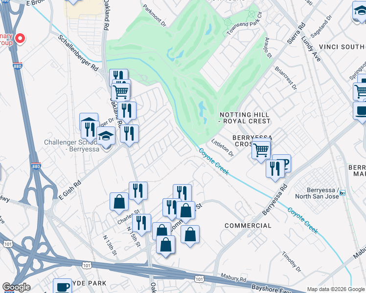 map of restaurants, bars, coffee shops, grocery stores, and more near 1350 Oakland Road in San Jose