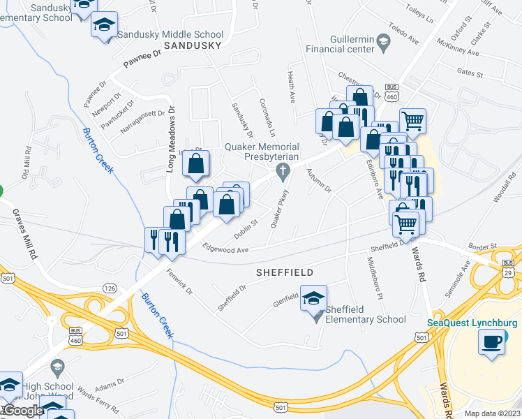 map of restaurants, bars, coffee shops, grocery stores, and more near 2009 John Lynch Place in Lynchburg