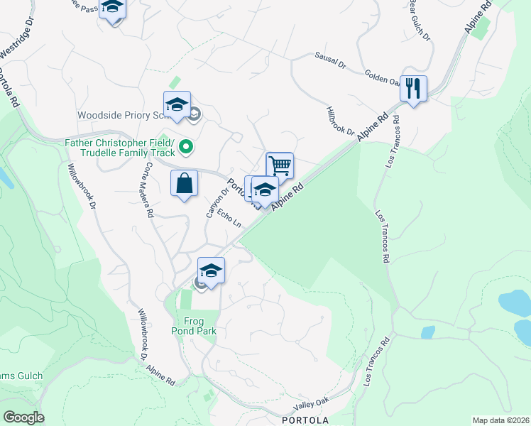 map of restaurants, bars, coffee shops, grocery stores, and more near 2 Portola Road in Portola Valley