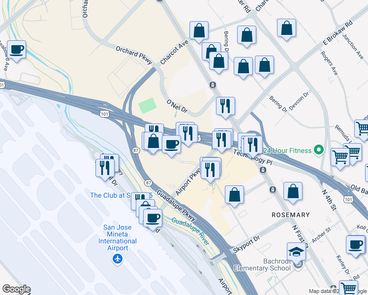 map of restaurants, bars, coffee shops, grocery stores, and more near 2050 Gateway Place in San Jose