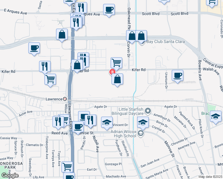 map of restaurants, bars, coffee shops, grocery stores, and more near Unnamed Road in Sunnyvale