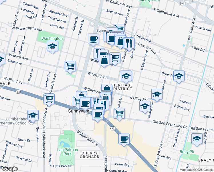 map of restaurants, bars, coffee shops, grocery stores, and more near 416 South Frances Street in Sunnyvale