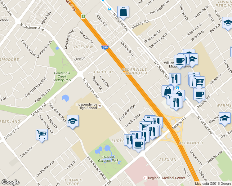 map of restaurants, bars, coffee shops, grocery stores, and more near 2348 Pacheco Drive in San Jose